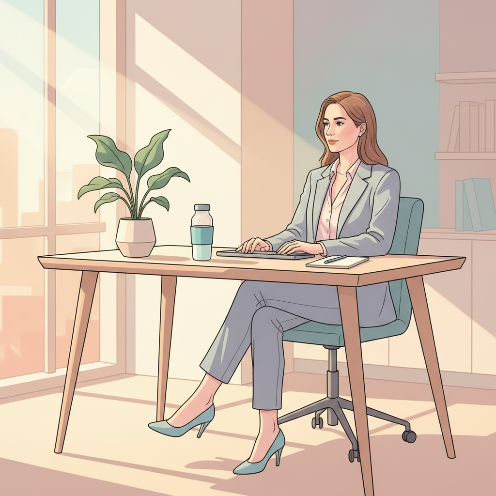 A woman confidently working at a well-organized ergonomic desk in a modern office, subtly adjusting her posture, with a serene expression indicating comfort and focus. The environment is professional yet comfortably adapted to her needs.