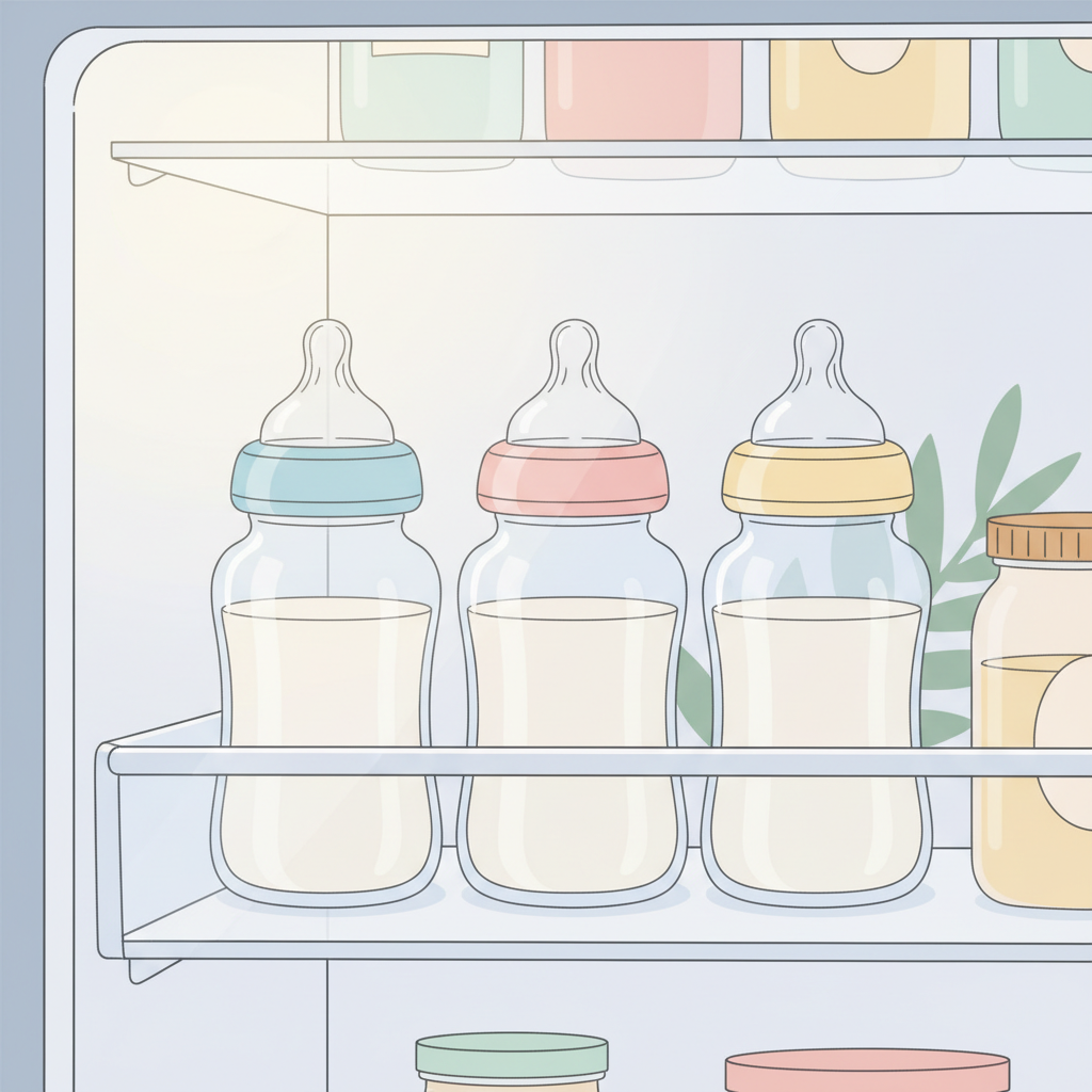 Baby bottles with prepared formula in a refrigerator