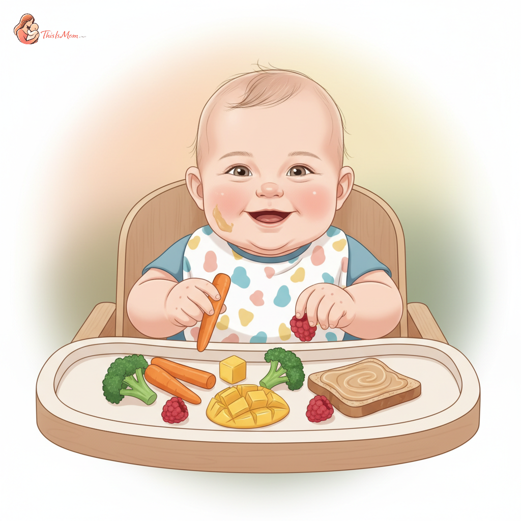 A happy 9-month-old baby in a high chair, playfully reaching for soft, appropriately sized snack pieces like avocado spears and quartered berries on a tray.