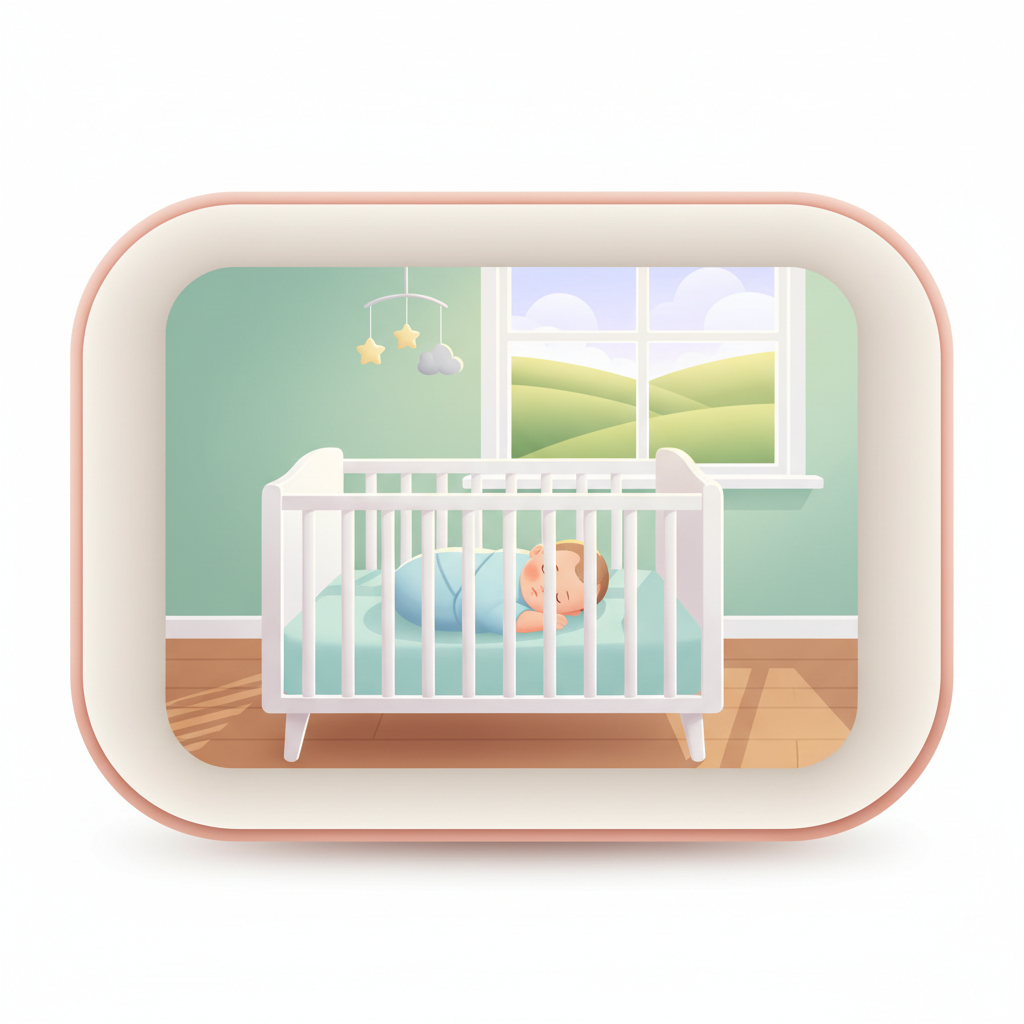 A secure, non-WiFi baby monitor parent unit displaying a clear image of a sleeping baby in a rustic nursery, with a window showing a peaceful rural landscape outside.