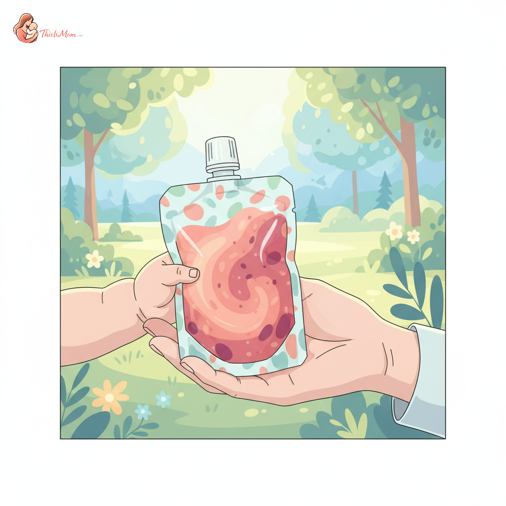 A baby happily eating a puree from a reusable pouch, held by a parent's hand, outdoors in a park setting.