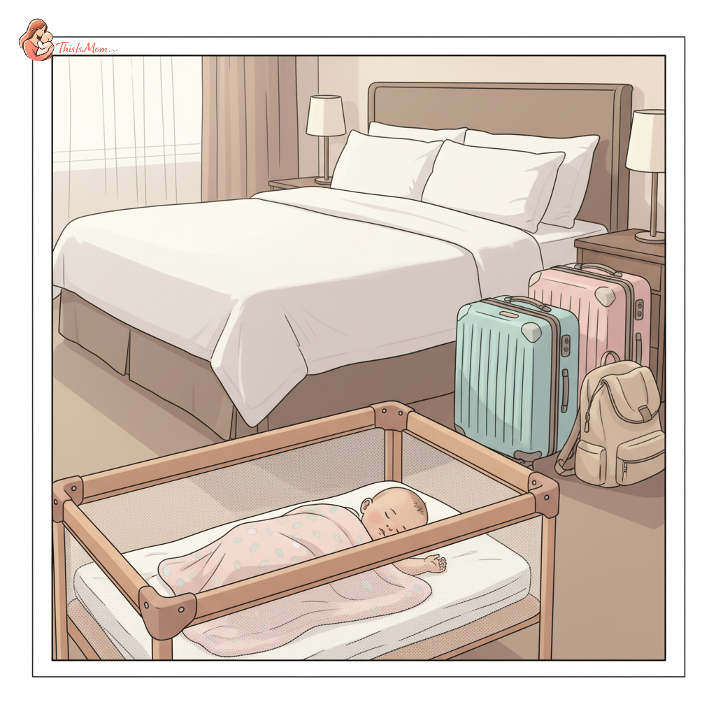 An infant peacefully sleeping in a portable travel crib inside a hotel room, with parents' luggage visible in the background and soft, warm lighting.