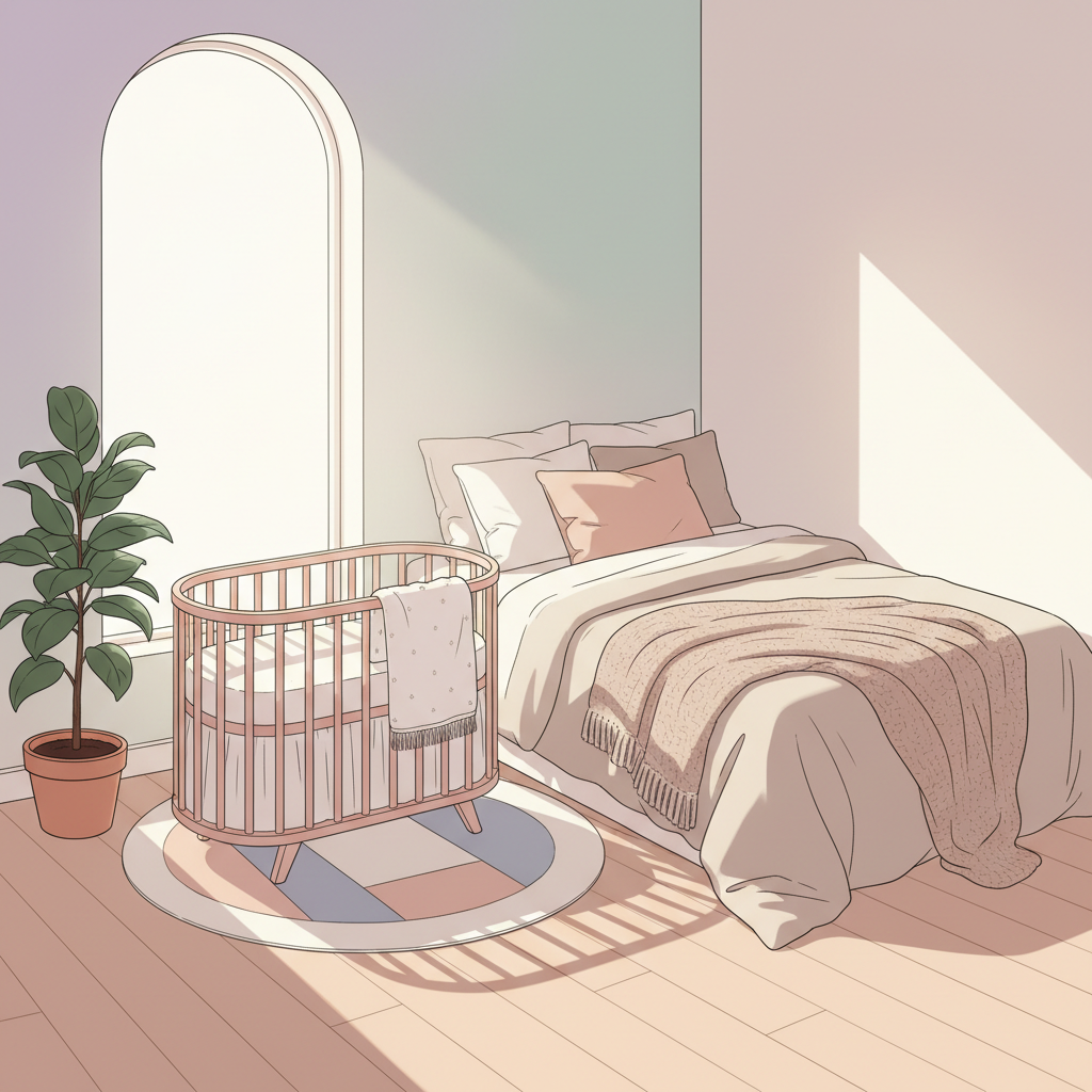 A minimalist nursery corner featuring a compact bassinet with clean white linens next to a parent's bed.