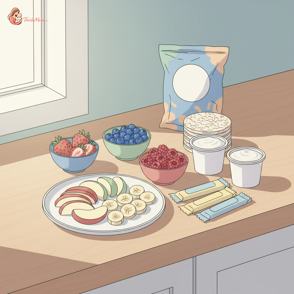 A diverse assortment of colorful, fresh fruits and vegetables, cheese sticks, and allergen-friendly packaged snacks, all clearly labeled as 'nut-free' or 'allergy-safe', arranged on a clean, bright kitchen counter.