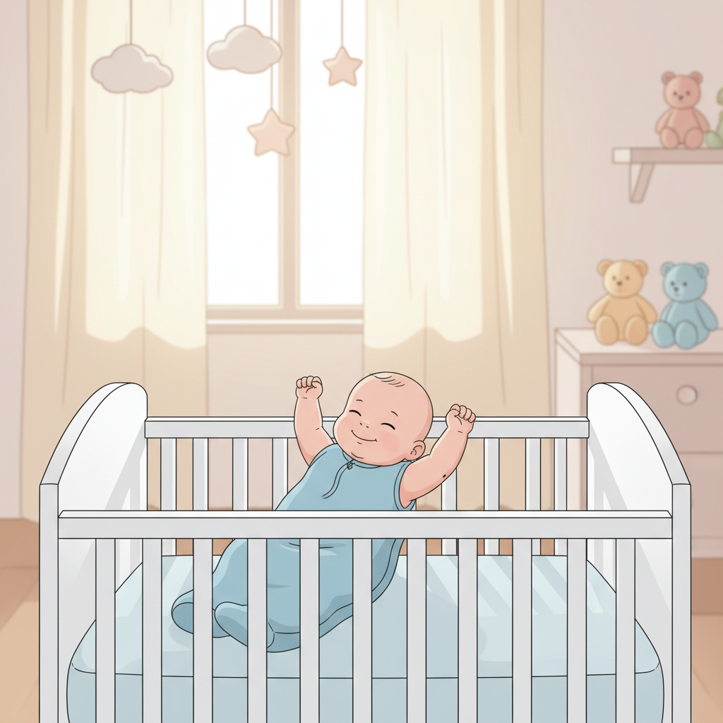 Baby in a light blue sleep sack happily stretching and rolling in a simple, calm crib environment.