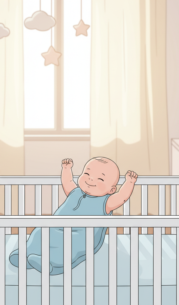 Baby in a light blue sleep sack happily stretching and rolling in a simple, calm crib environment.
