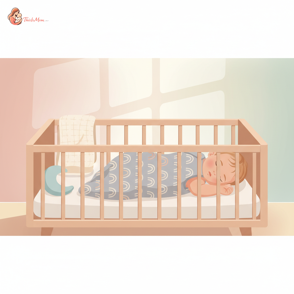 A peaceful 3-month-old baby sleeping soundly on their back in a crib, wearing a soft, grey sleep sack, with daylight filtering gently through a window, indicating a safe sleep environment.