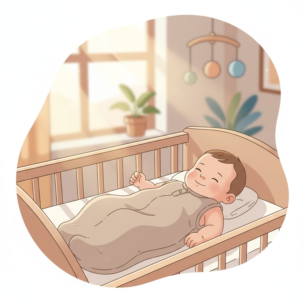 A content baby in a soft, grey sleep sack, lying on their back in a minimalist crib with a gentle sunlight glow. The baby is looking playfully towards the camera.