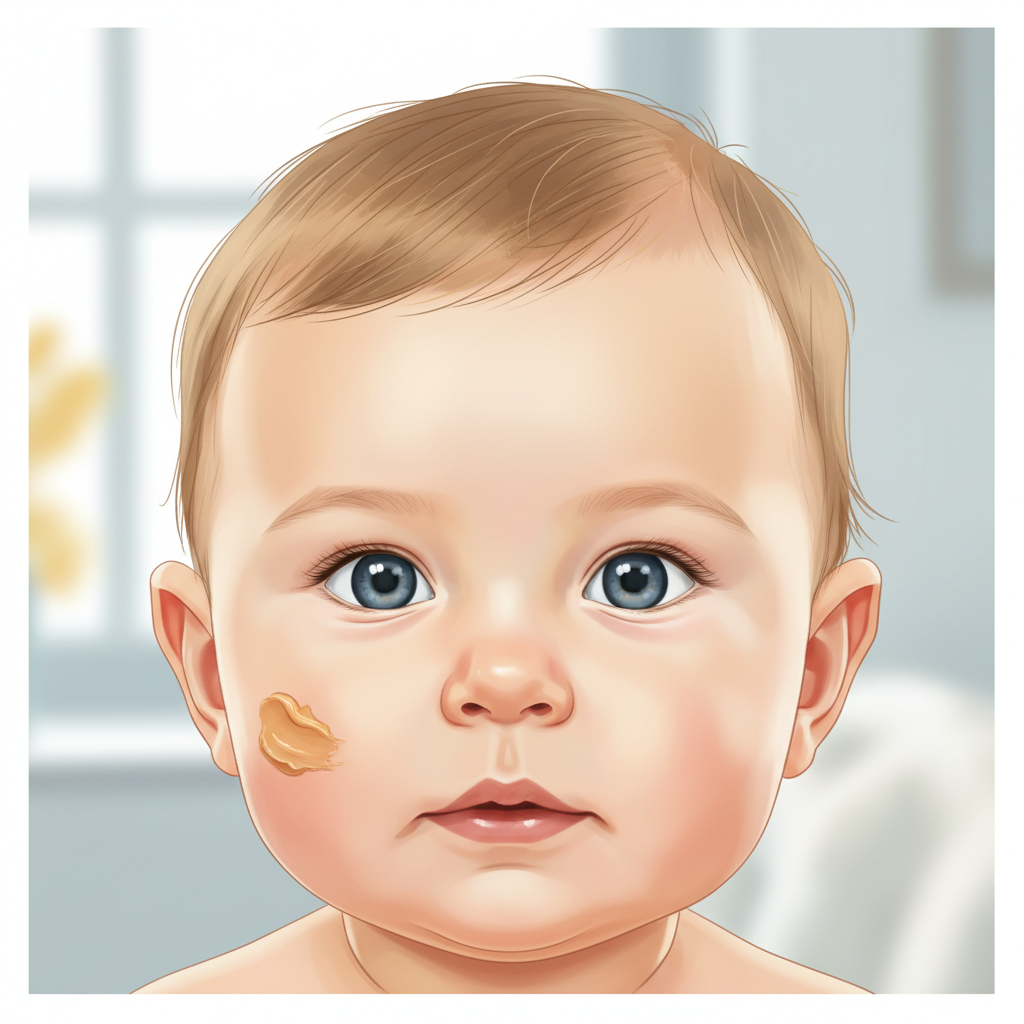 A baby with tiny smudges of thinned peanut butter around their mouth, looking curious. The background features soft, blurred colors of a gentle nursery.