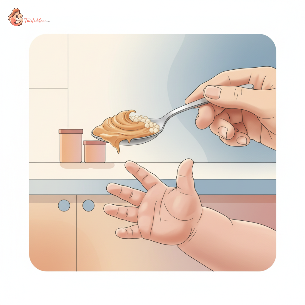 Close-up of a baby's chubby hand reaching for a spoonful of thinned nut butter mixed with baby cereal, with a blurred adult hand gently holding the spoon, bright and clean background.