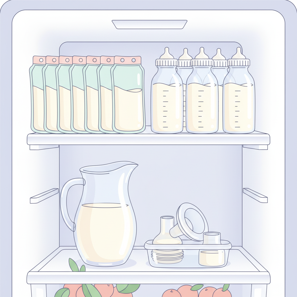 Multiple breast milk storage bags and bottles neatly organized in a refrigerator, with one bottle being freshly filled. The scene conveys organization and safety.