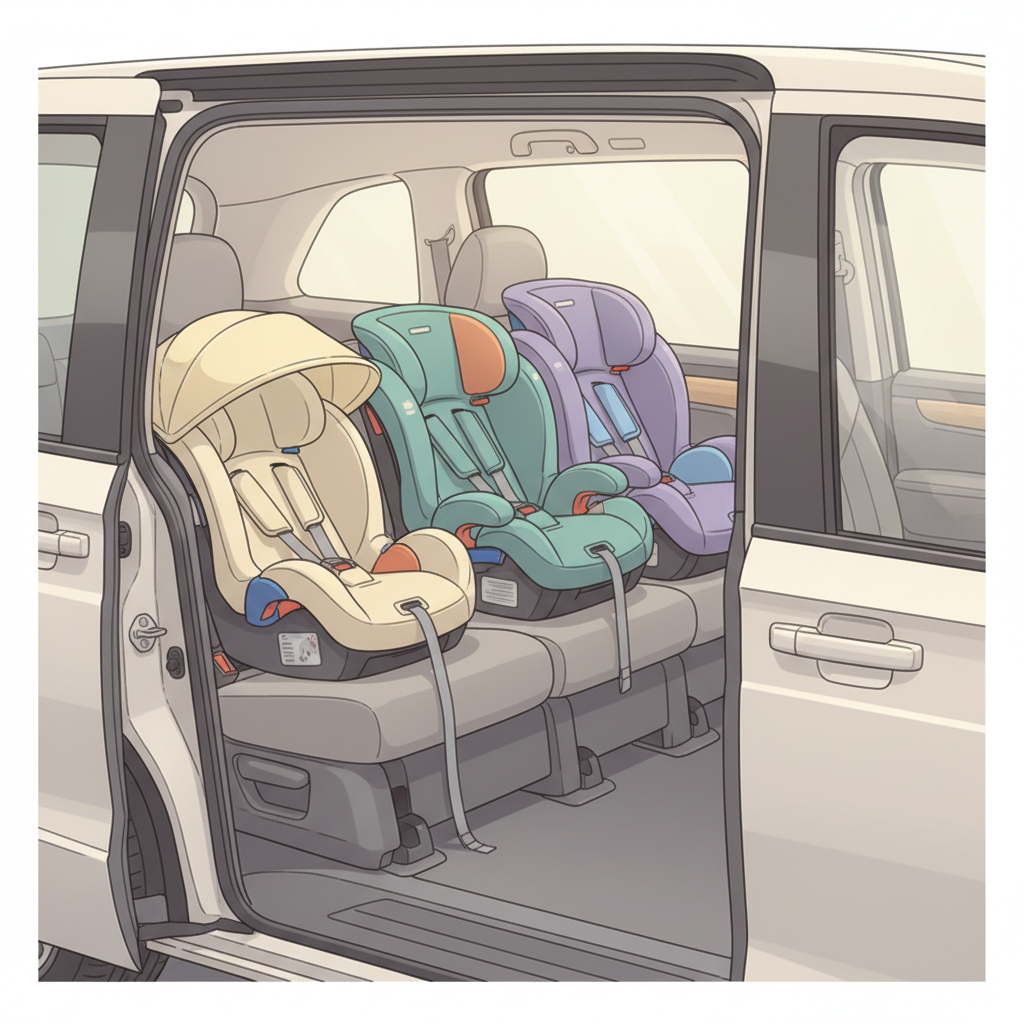 Three diverse car seats installed snugly side-by-side in the second row of a modern Honda Odyssey minivan, viewed from the open passenger door. The interior is clean and well-lit.