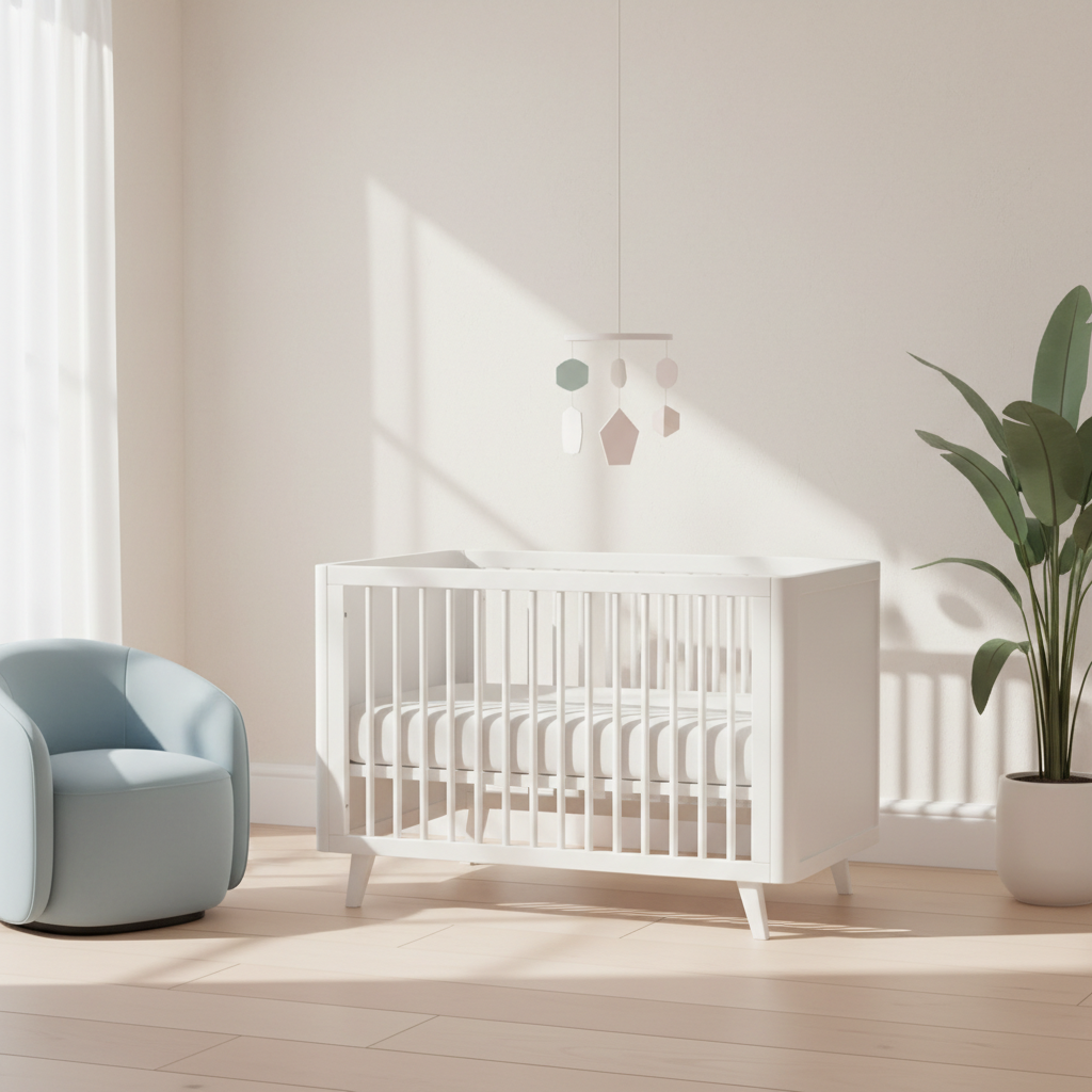 A clean, white, firm crib mattress with a subtle texture, placed in a minimalist nursery setting under soft, natural light. The focus is on the mattress's clean surface.