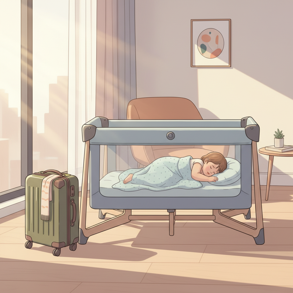 A calm active toddler sleeping peacefully in a sturdy, secure portable travel crib in a well-lit hotel room, with a packed suitcase nearby.