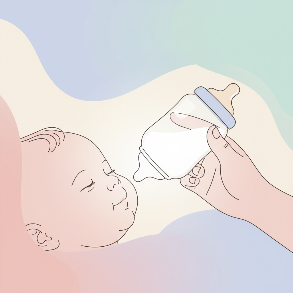 A baby being fed with a bottle of hypoallergenic formula, close-up on baby's calm expression.