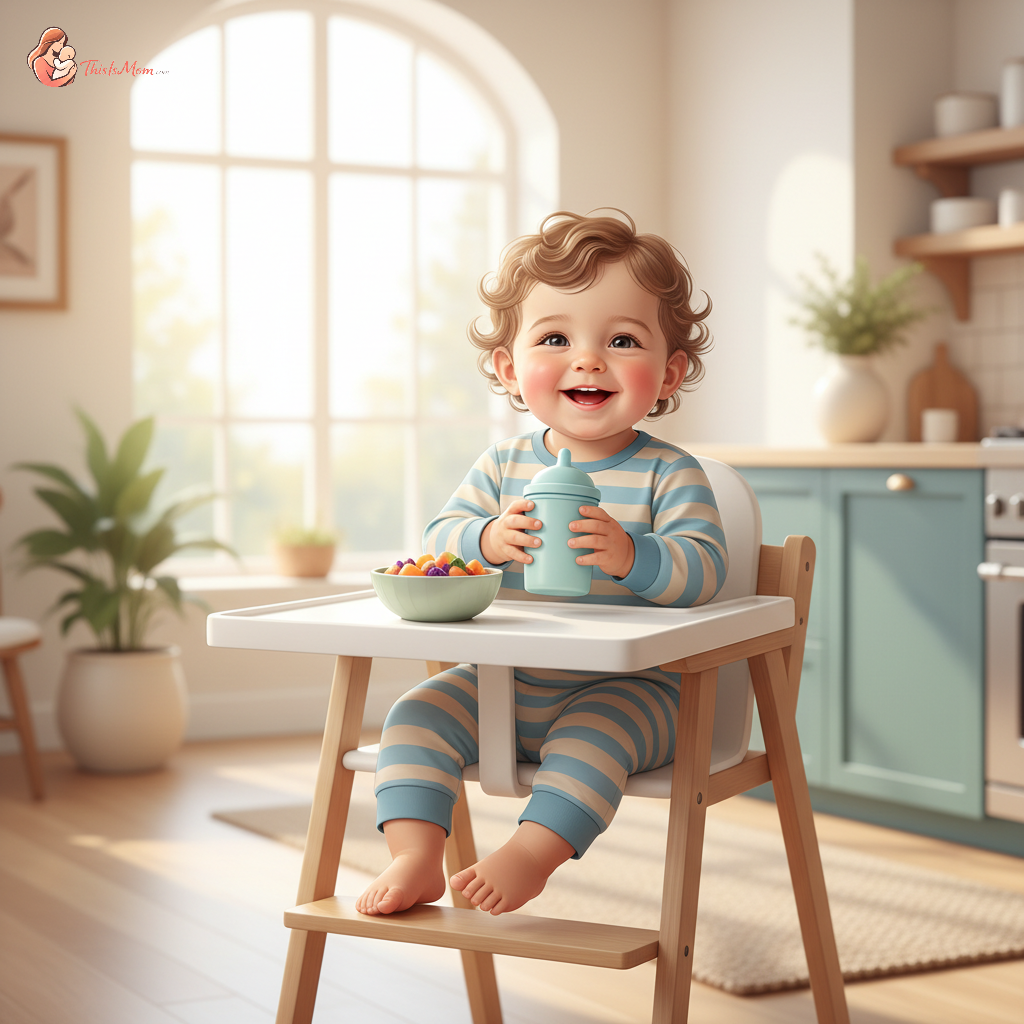 A happy 12-month-old baby sitting at a high chair, holding a sippy cup filled with milk, with a small plate of solid food in front of them.
