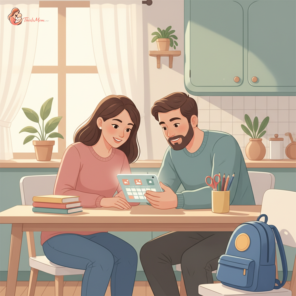 Two parents, a mother and father, looking at a tablet together, discussing school communication or a school portal, with a child's backpack visible in the background, representing shared parenting responsibilities.