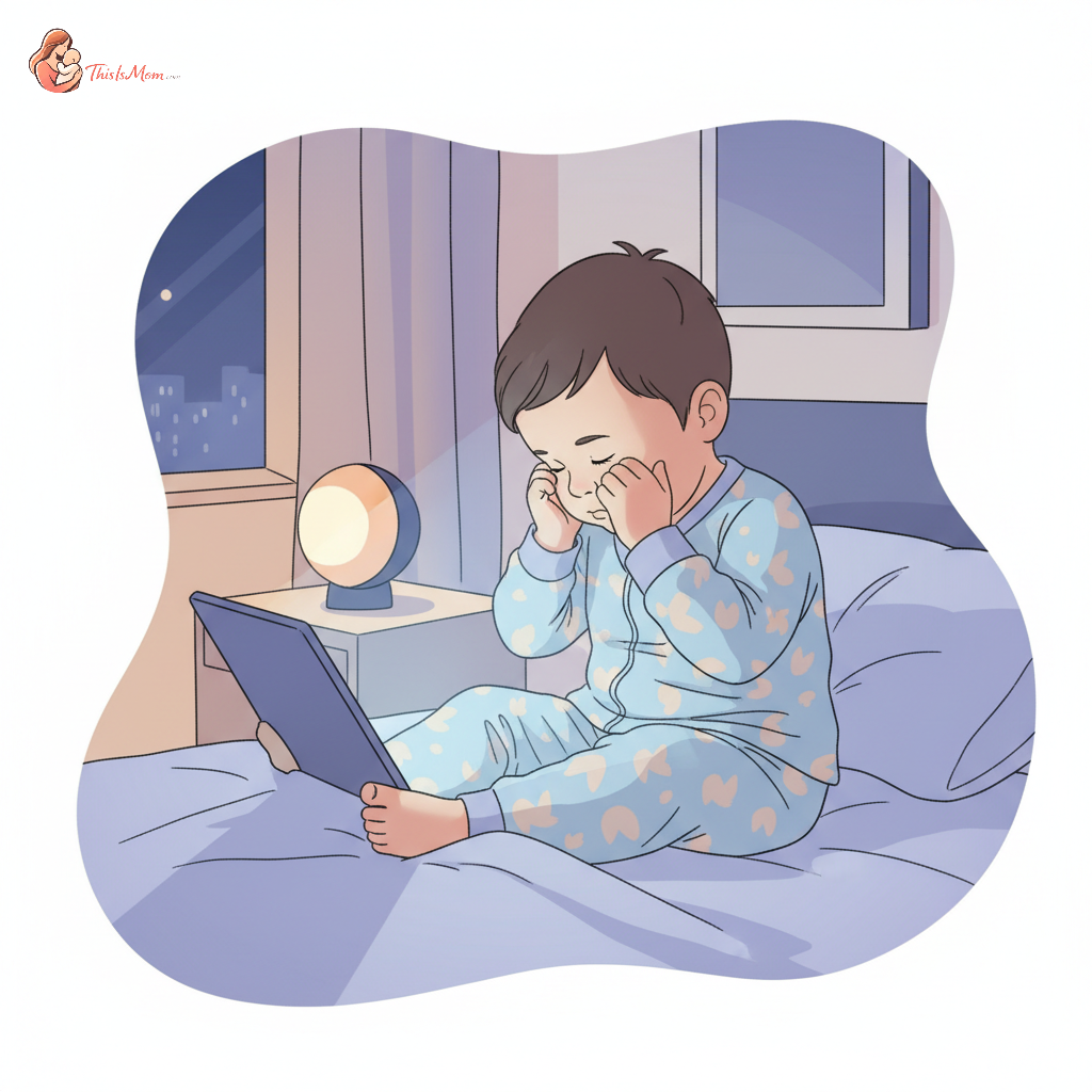 Toddler looking tired and frustrated, with a soft blue glow from a tablet subtly reflecting on their face in a dimly lit room, suggesting late-night screen use.