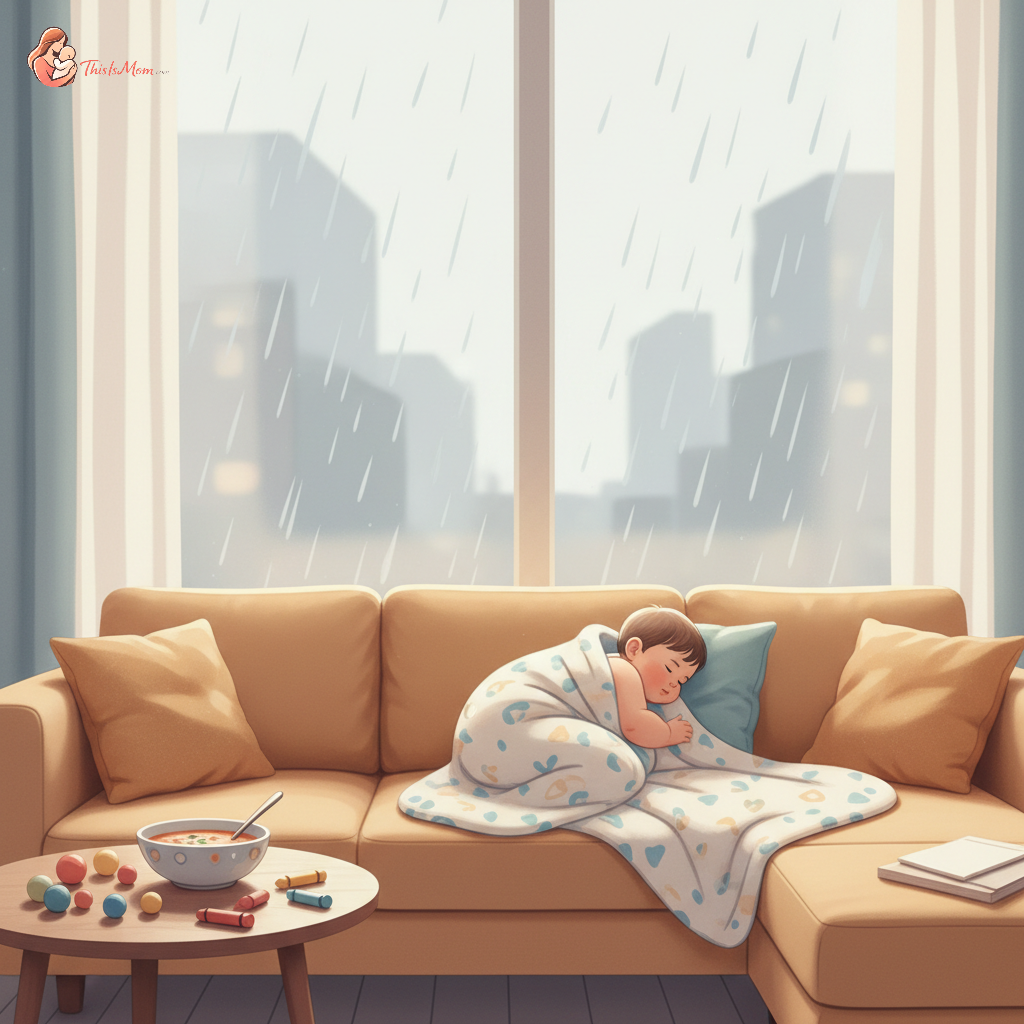 A sick toddler, wearing pajamas, lying on a blanket fort made of pillows and light sheets in a cozy apartment living room, softly playing with a teddy bear, with a parent’s hand gently resting on their forehead.