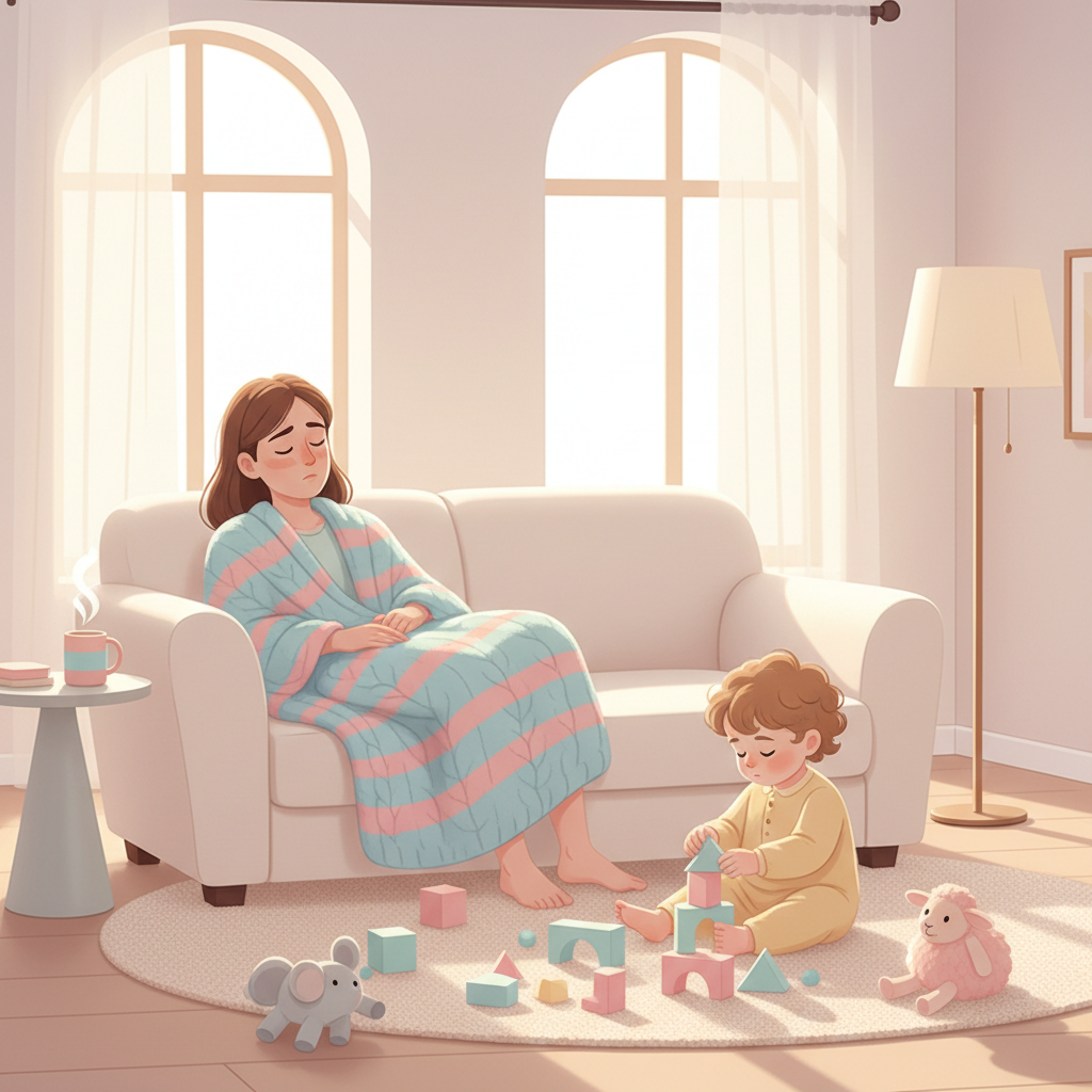 A tired mother resting on a couch with a blanket, watching her toddler quietly playing on the floor nearby with building blocks, bathed in soft, comforting light.