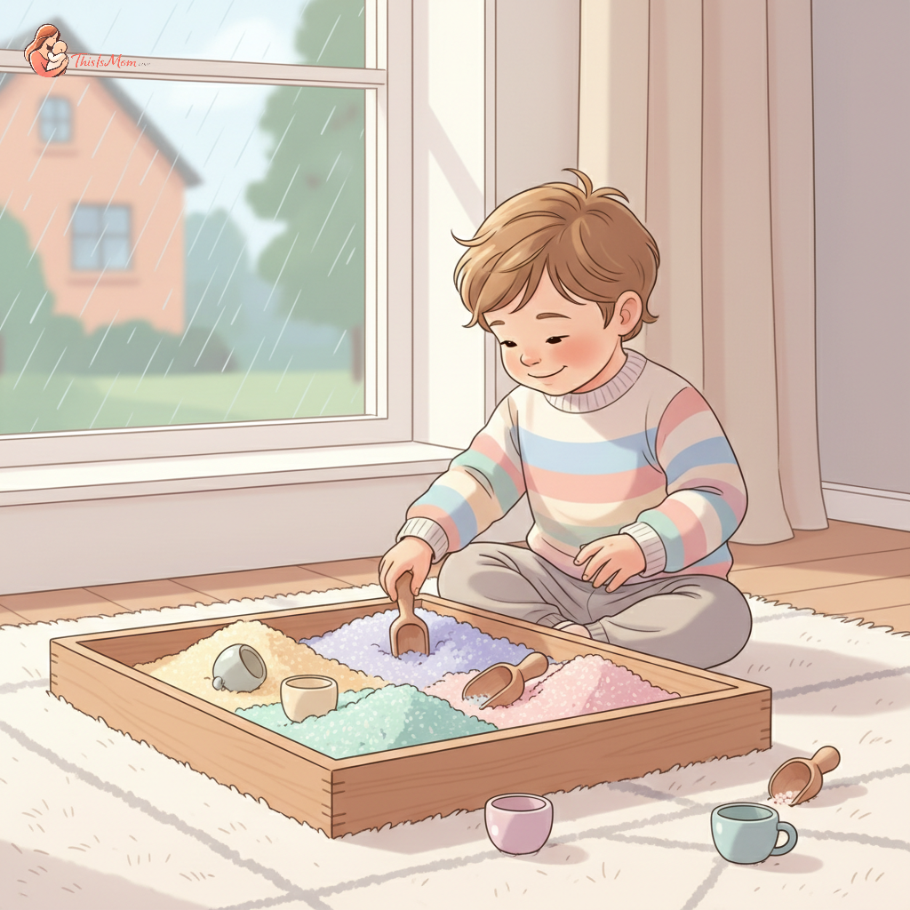 A toddler happily playing with a colorful sensory bin filled with rice, scoops, and small toys on a cozy rug indoors, a window showing a rainy day in the background.