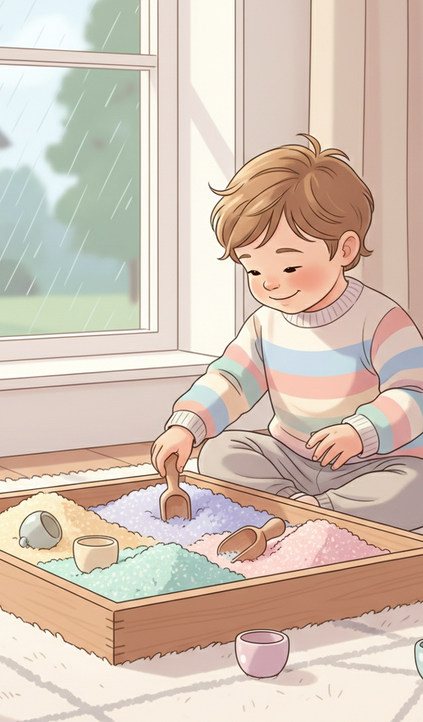 A toddler happily playing with a colorful sensory bin filled with rice, scoops, and small toys on a cozy rug indoors, a window showing a rainy day in the background.