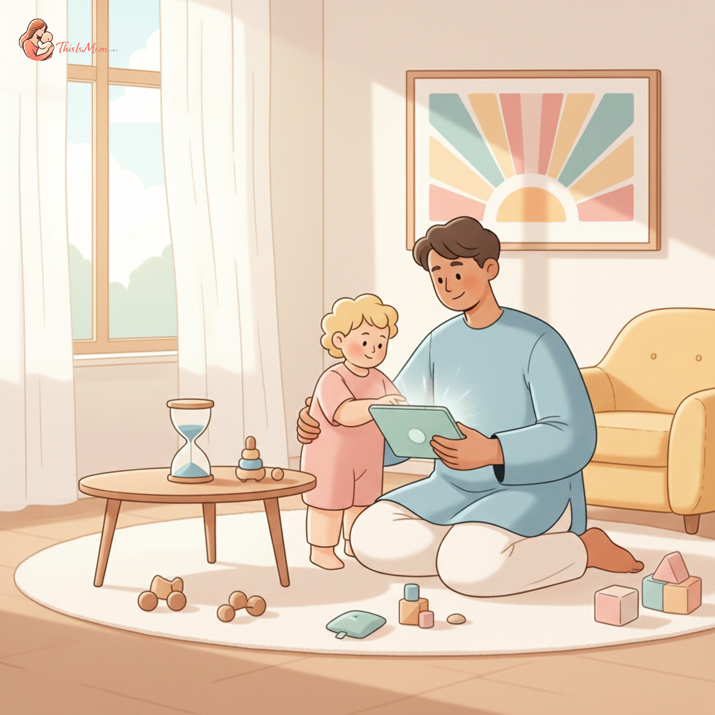 A calm parent sitting on the floor with their toddler, who is gently turning off a tablet, with a sand timer visible nearby, indicating a smooth screen time transition.