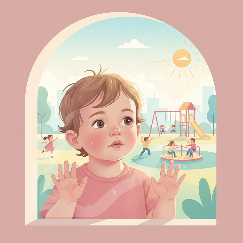 A toddler looking out a window at other children playing outdoors