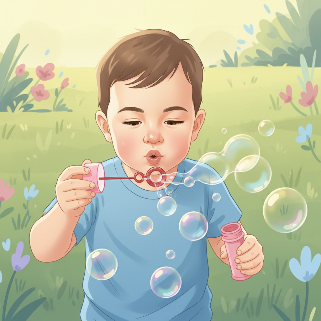 A toddler is happily blowing bubbles, reaching out their hand to touch one, with a caregiver gently supervising. The scene is bright and playful, perhaps in a backyard or a bright room, highlighting the joy of sensory exploration.