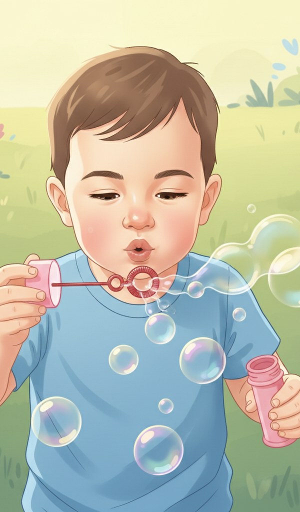 A toddler is happily blowing bubbles, reaching out their hand to touch one, with a caregiver gently supervising. The scene is bright and playful, perhaps in a backyard or a bright room, highlighting the joy of sensory exploration.