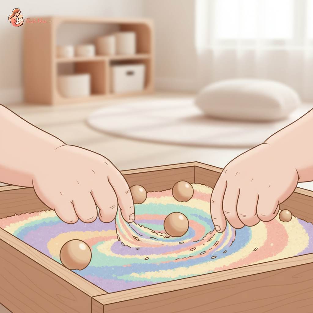 A toddler's hands exploring a sensory bin filled with colorful rice and small toys, illustrating an engaging, screen-free activity