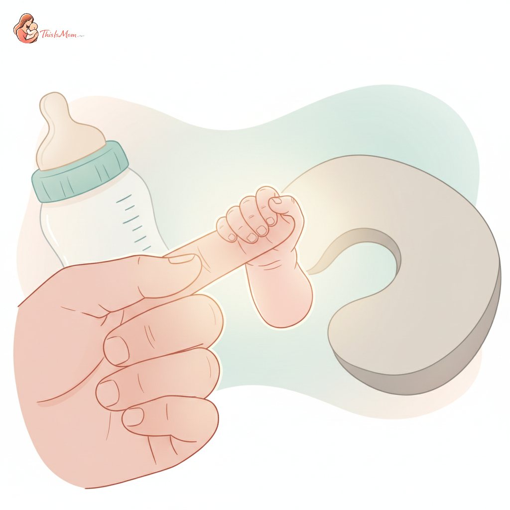 Close-up of a baby's hand gently grasping an adult finger, with a baby bottle and a nursing pillow softly blurred in the background, conveying comfort and choice in feeding.