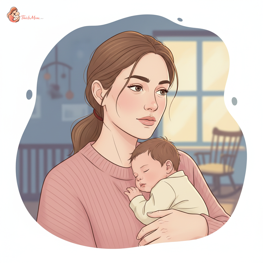A tired new mother looks thoughtfully into the distance, holding a baby against her shoulder. The scene evokes a sense of introspection and slight worry, with soft, muted lighting.