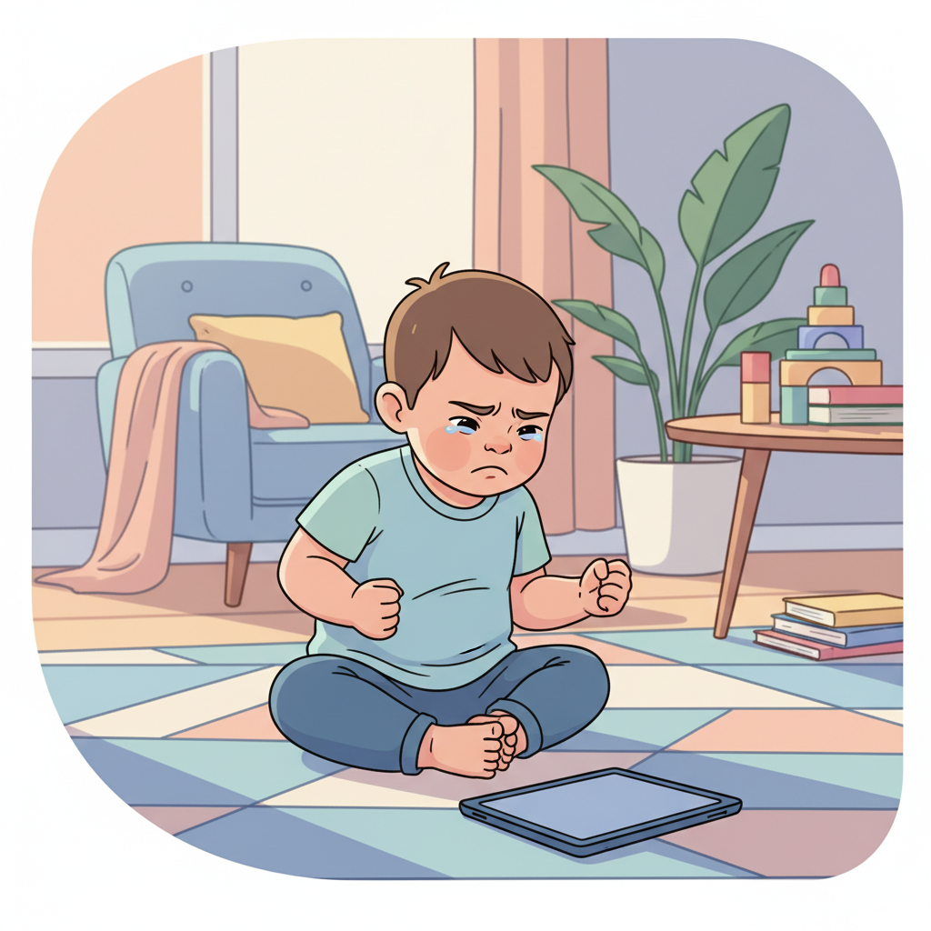 A toddler looking agitated and throwing a small toy while a tablet lies discarded on the floor, indicating frustration after too much screen time.