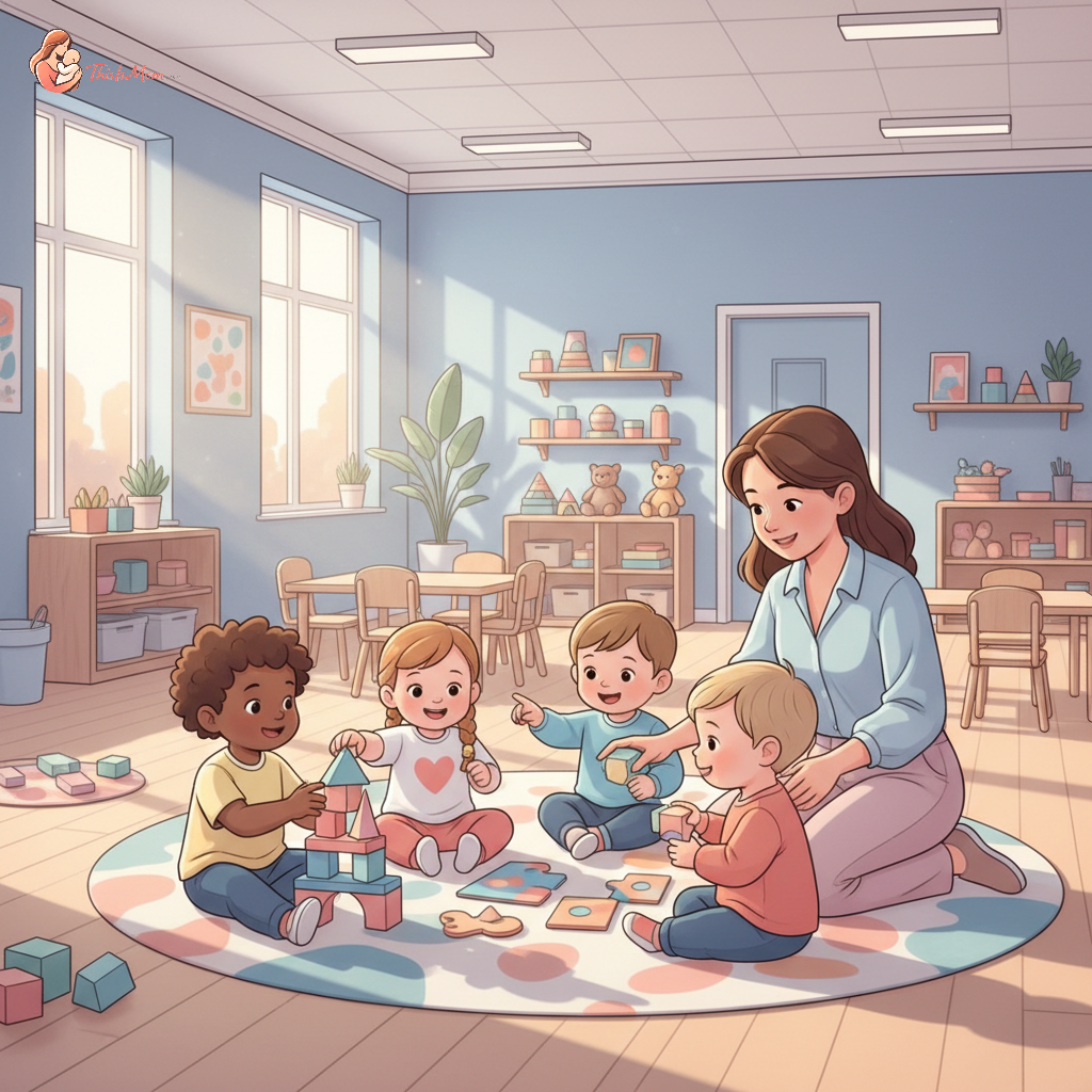 A toddler, smiling and engaged, participating in a group activity with other children in a bright, inviting daycare classroom alongside a nurturing teacher.