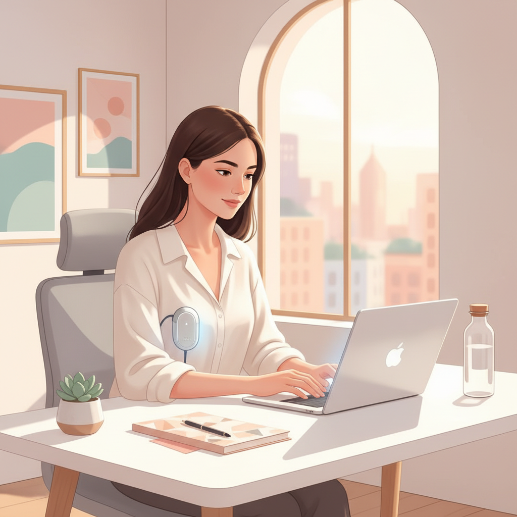 Woman discreetly using a wearable breast pump while sitting at a modern office desk.