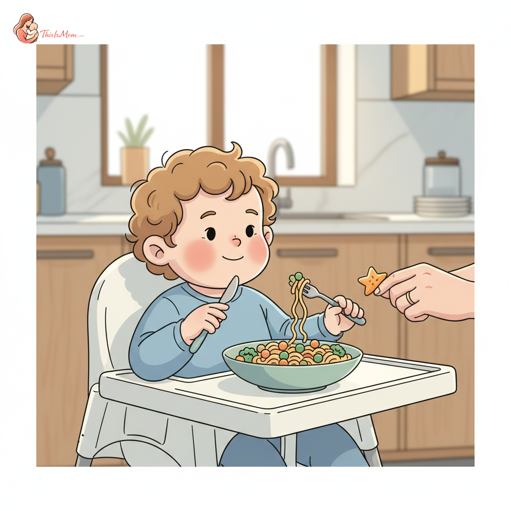 Happy toddler eating a colourful meal from a plate with a hidden vegetable sauce, with parent observing in background