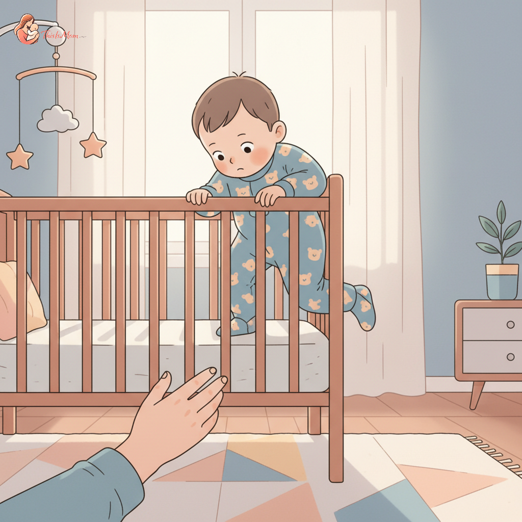 A determined toddler in footie pajamas attempting to climb out of a crib, with their parent's hand gently guiding them back inside. The room is softly lit with safe, child-proofed surroundings.