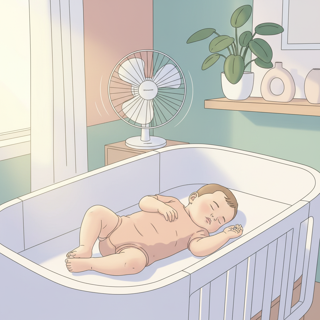 Close-up of a content baby sleeping soundly in a light, breathable cotton onesie in a crib, with a gentle fan in the blurred background circulating air.