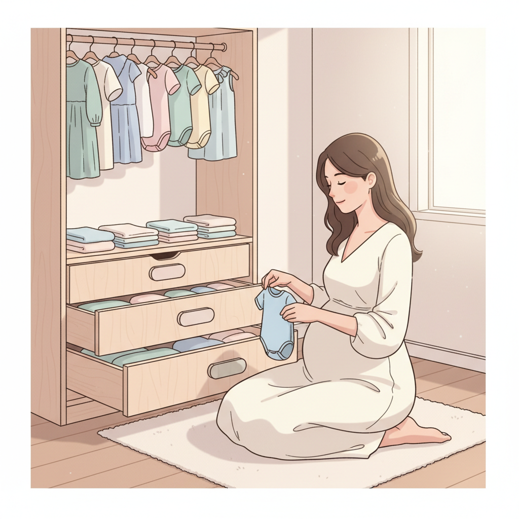 Pregnant woman arranging baby clothes in a small, organized closet.
