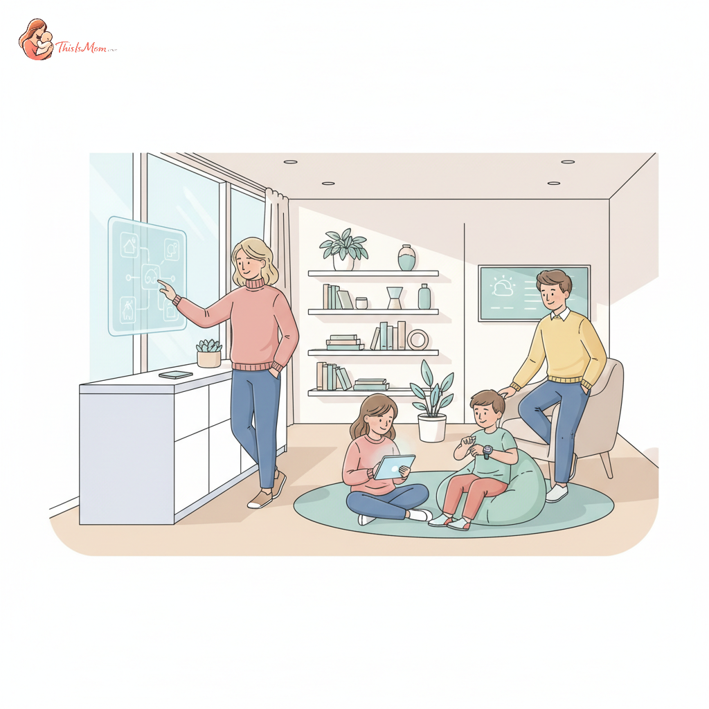 A diverse family (parents and two children) interacting with various tech gadgets in a modern, organized home setting. One child uses an educational tablet, another wears a smartwatch, while a parent checks a smart calendar hub, all looking engaged and content.