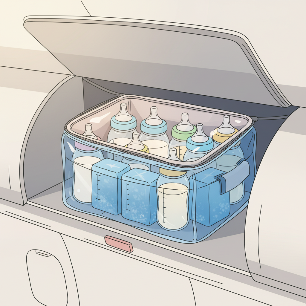 Close-up of a well-packed cooler bag filled with neatly arranged baby bottles of breast milk and formula, alongside reusable ice packs, inside an airplane cabin overhead bin.
