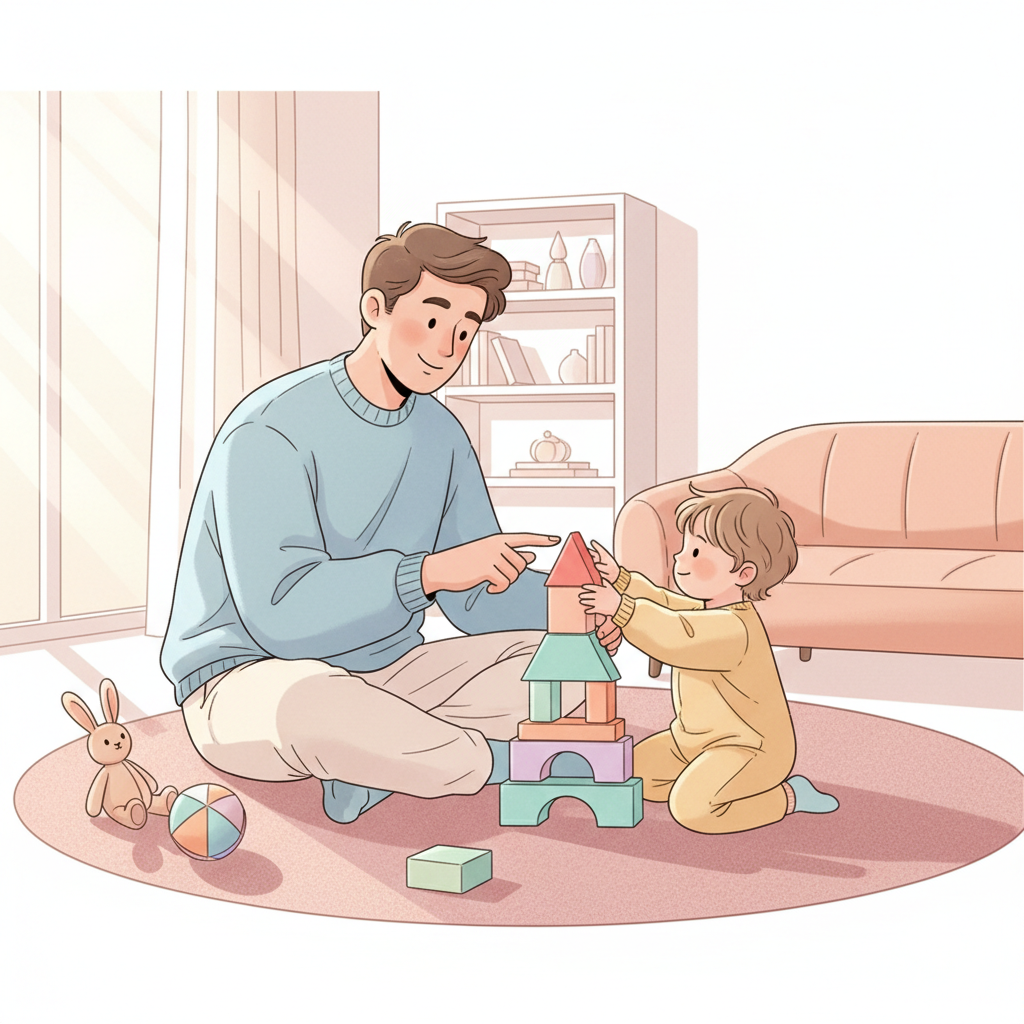 A parent and an 18-month-old child engage in playful interaction, surrounded by colorful blocks and soft toys, with soft, natural light filling the room.