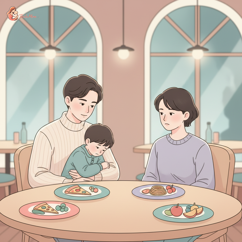 Parent comforting a child having a meltdown at a restaurant table, with colorful food and a blurred background