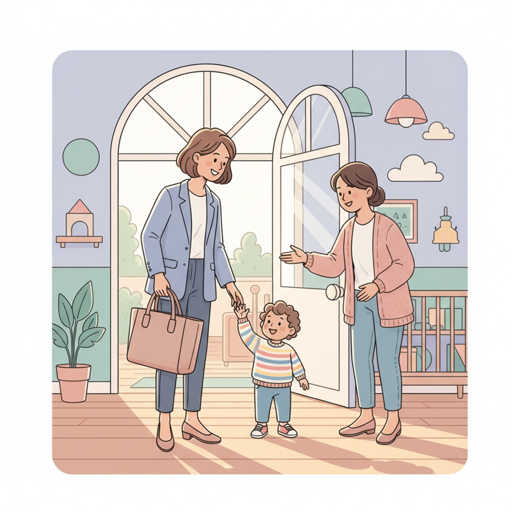 A working mother, looking serene, drops off her happy child at a brightly colored daycare entrance, leaving with a sense of peace rather than guilt