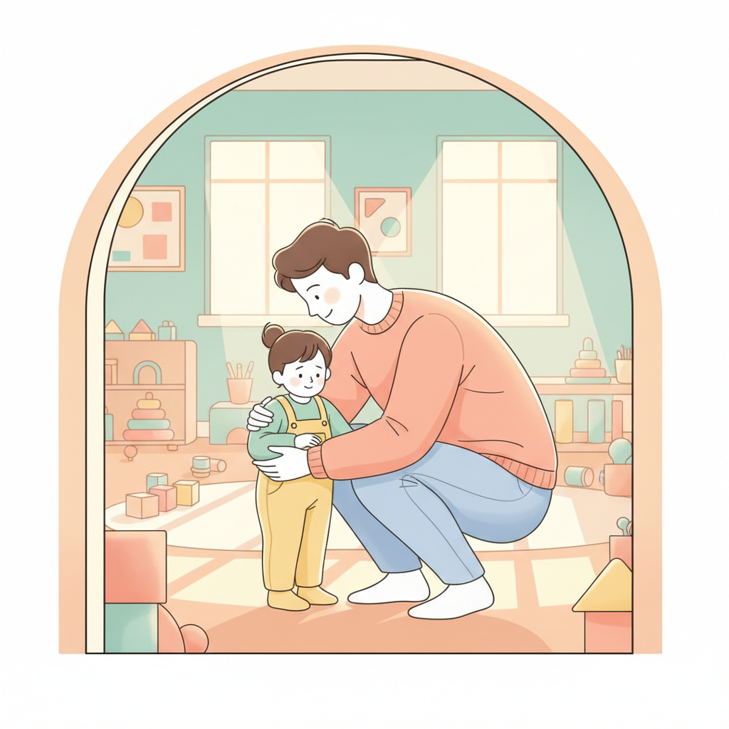 A parent giving a quick, reassuring hug to their 3-year-old child at daycare drop-off, with the child looking slightly anxious but accepting the comfort. The background shows a bright, inviting classroom.