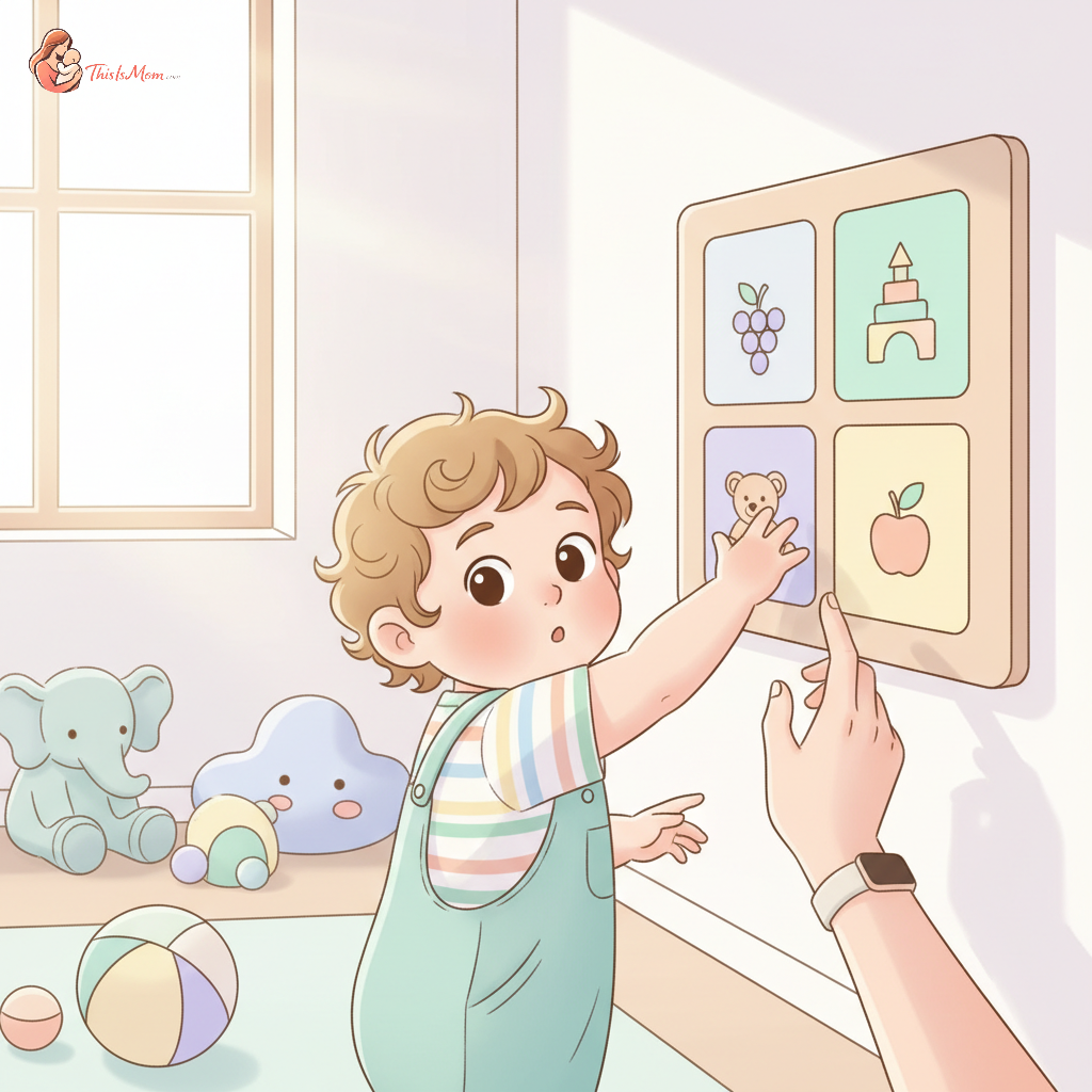 A toddler reaching out to point at a picture on a choice board, with a parent gently guiding their hand, showing engagement and communication.