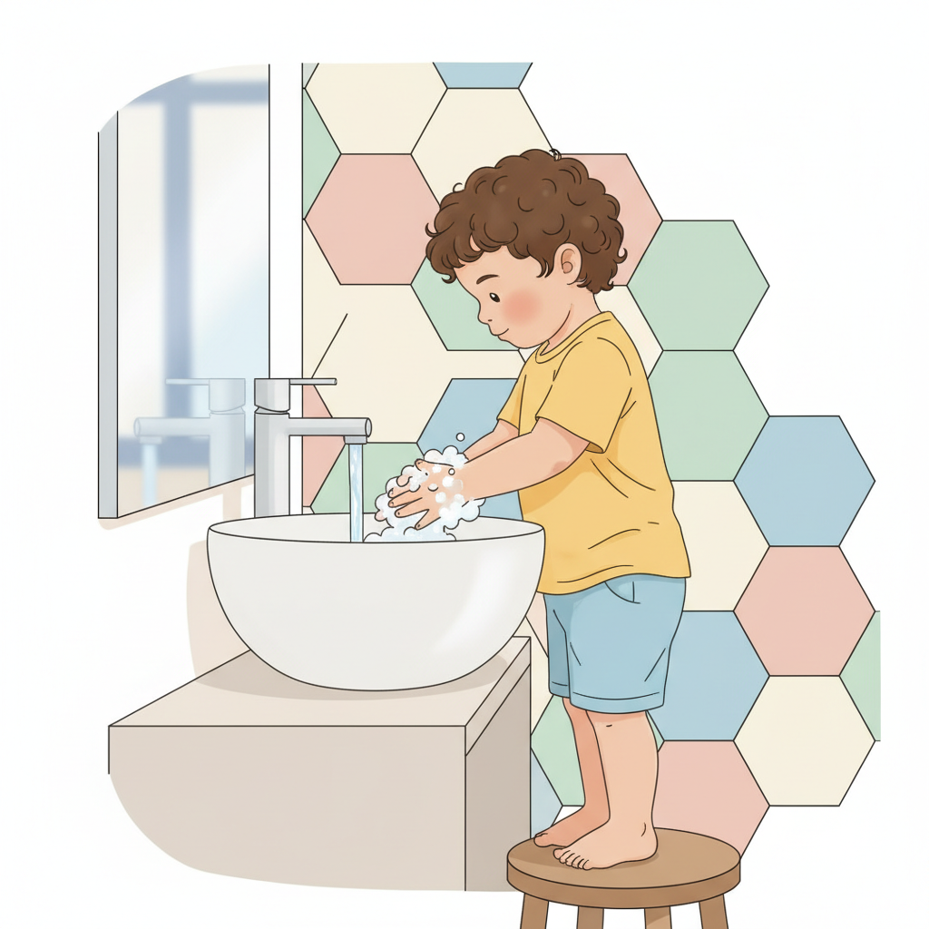 A child washing hands with soap and water at a sink.