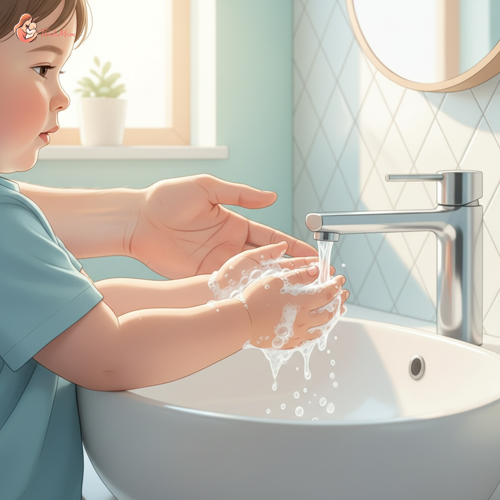 A toddler happily washing their hands with soap and bubbles at a sink, with an adult's hand gently guiding them, symbolizing good hygiene practices.