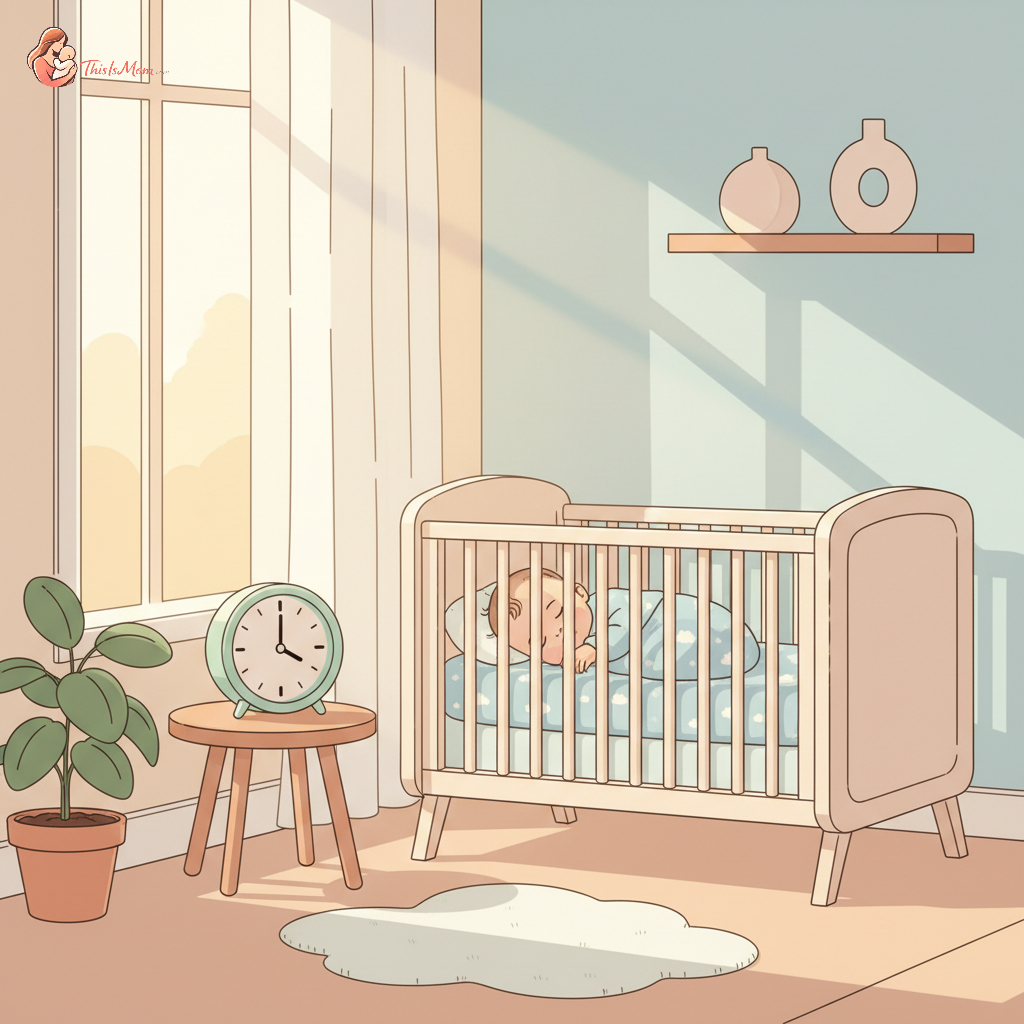 A peaceful baby sleeping in a crib with soft light coming through a window, a clock nearby showing the time adjustment, symbolizing the challenge of Daylight Saving.